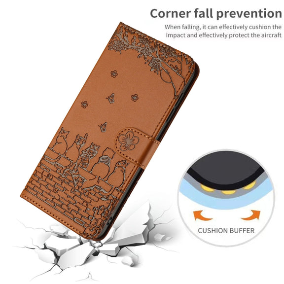 For iPhone 16 Pro Cat Embossing Pattern Leather Phone Case with Lanyard(Brown)