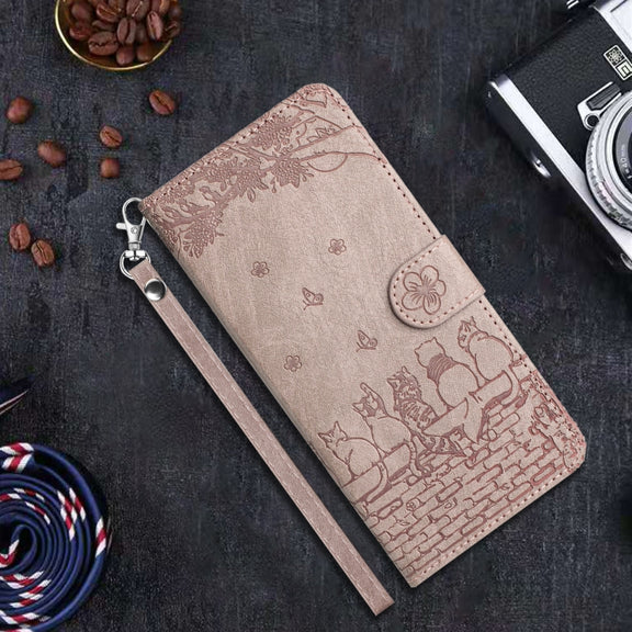 For iPhone 16 Pro Cat Embossing Pattern Leather Phone Case with Lanyard(Grey)