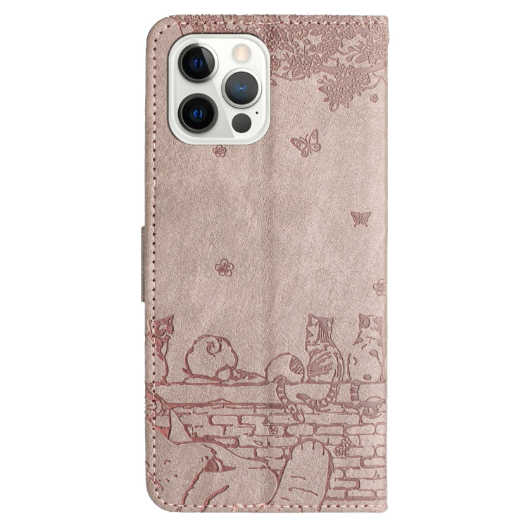 For iPhone 16 Pro Cat Embossing Pattern Leather Phone Case with Lanyard(Grey)
