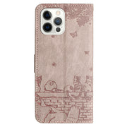 For iPhone 16 Pro Cat Embossing Pattern Leather Phone Case with Lanyard(Grey)
