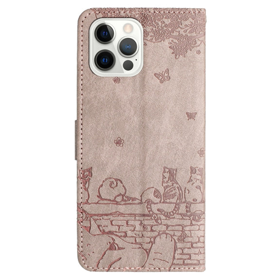 For iPhone 16 Pro Cat Embossing Pattern Leather Phone Case with Lanyard(Grey)