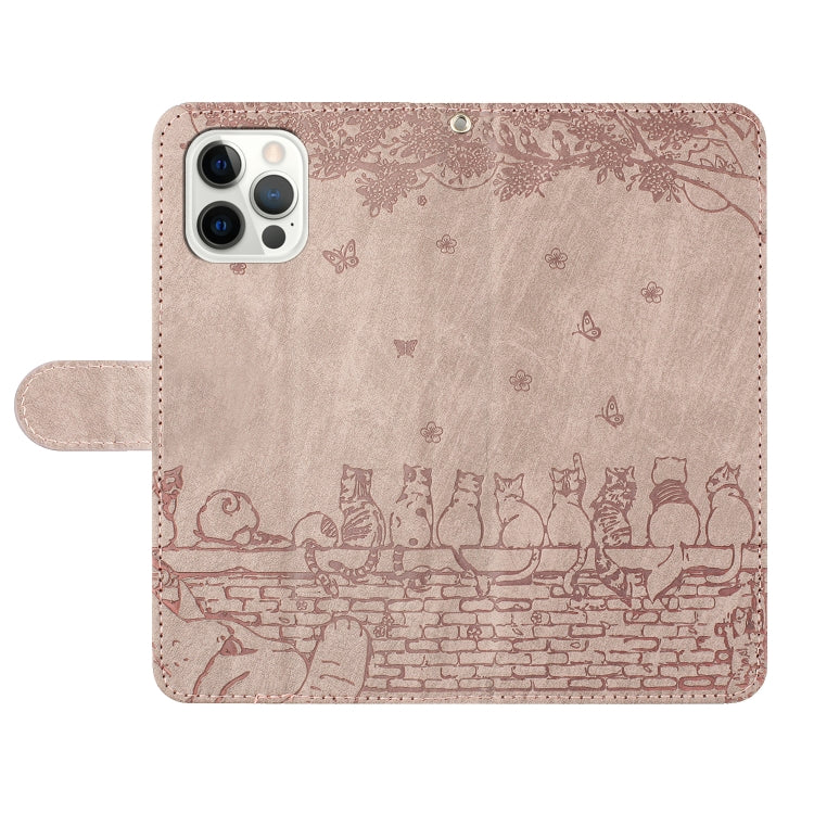 For iPhone 16 Pro Cat Embossing Pattern Leather Phone Case with Lanyard(Grey)