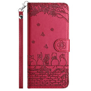 For iPhone 16 Plus Cat Embossing Pattern Leather Phone Case with Lanyard(Red)