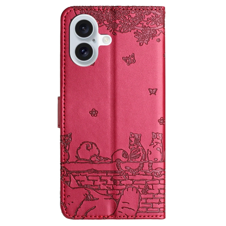 For iPhone 16 Plus Cat Embossing Pattern Leather Phone Case with Lanyard(Red)
