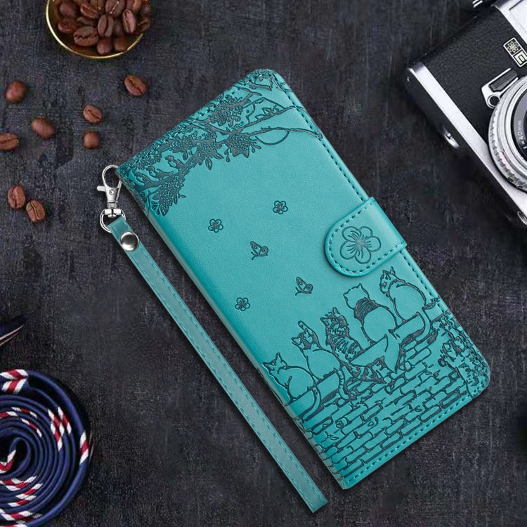 For iPhone 16 Plus Cat Embossing Pattern Leather Phone Case with Lanyard(Blue)