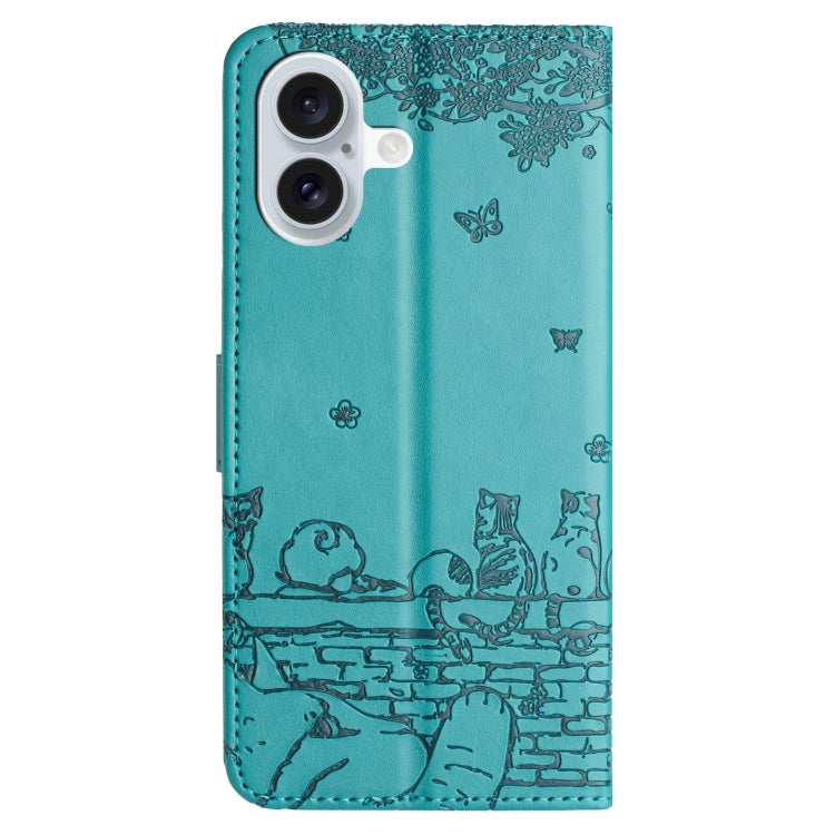For iPhone 16 Plus Cat Embossing Pattern Leather Phone Case with Lanyard(Blue)
