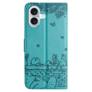 For iPhone 16 Plus Cat Embossing Pattern Leather Phone Case with Lanyard(Blue)