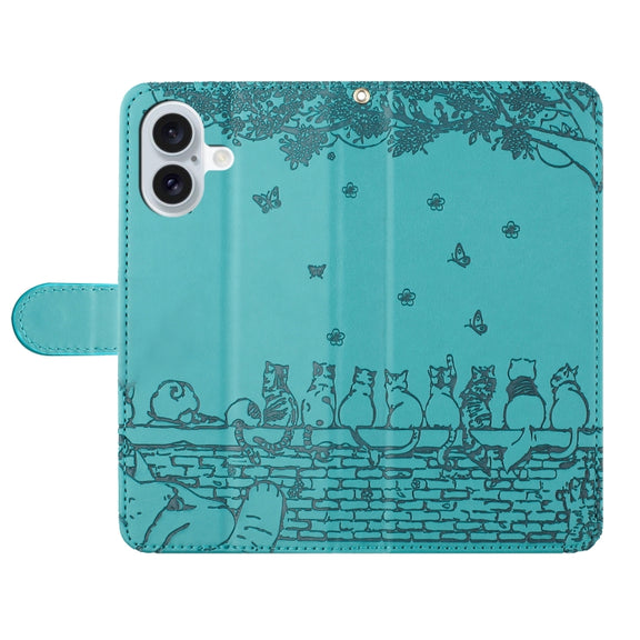 For iPhone 16 Plus Cat Embossing Pattern Leather Phone Case with Lanyard(Blue)