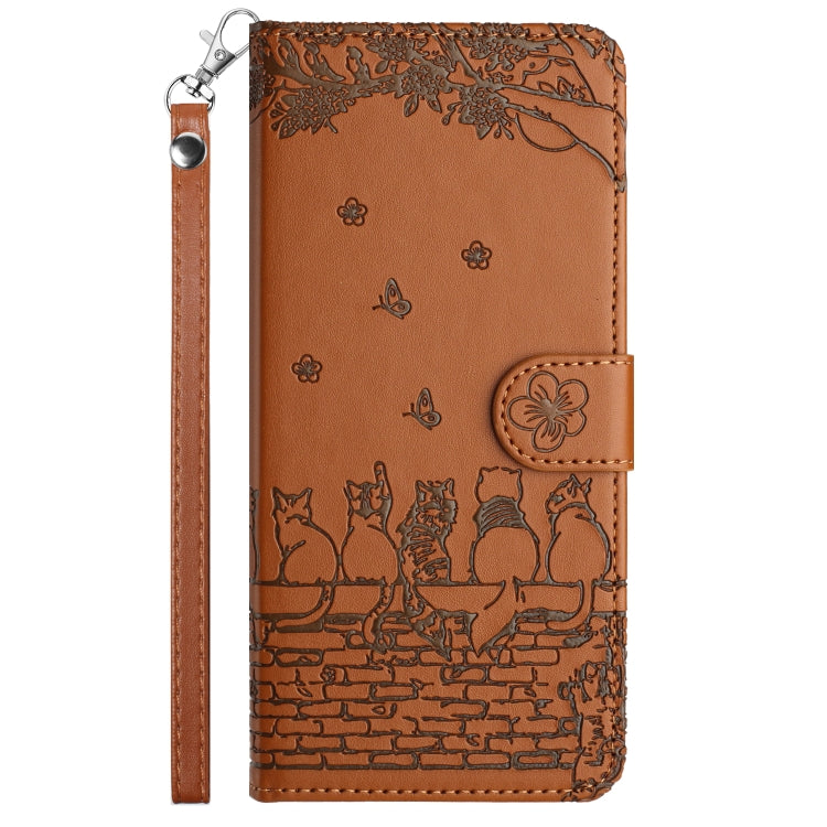 For iPhone 16 Plus Cat Embossing Pattern Leather Phone Case with Lanyard(Brown)