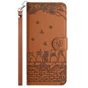 For iPhone 16 Plus Cat Embossing Pattern Leather Phone Case with Lanyard(Brown)
