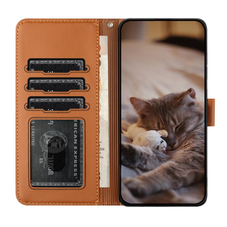 For iPhone 16 Plus Cat Embossing Pattern Leather Phone Case with Lanyard(Brown)