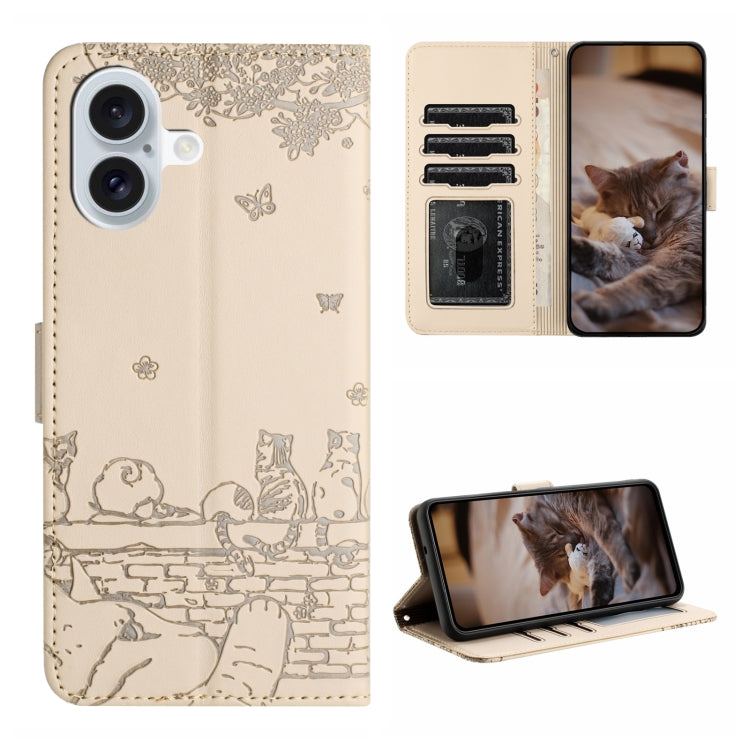 For iPhone 16 Plus Cat Embossing Pattern Leather Phone Case with Lanyard(Beige)