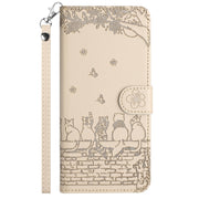 For iPhone 16 Plus Cat Embossing Pattern Leather Phone Case with Lanyard(Beige)