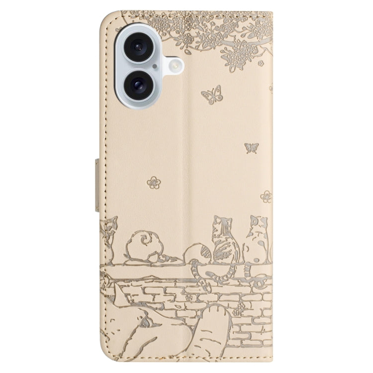 For iPhone 16 Plus Cat Embossing Pattern Leather Phone Case with Lanyard(Beige)