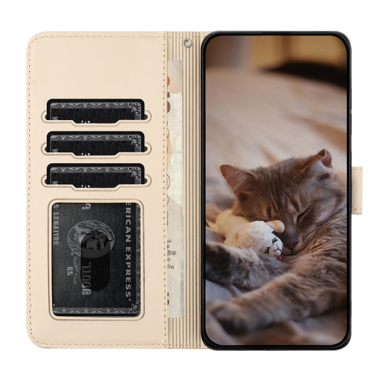 For iPhone 16 Plus Cat Embossing Pattern Leather Phone Case with Lanyard(Beige)