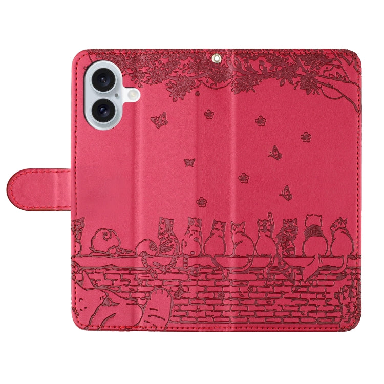 For iPhone 16 Cat Embossing Pattern Leather Phone Case with Lanyard(Red)