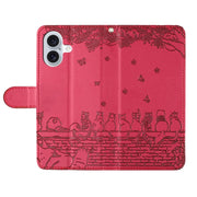 For iPhone 16 Cat Embossing Pattern Leather Phone Case with Lanyard(Red)