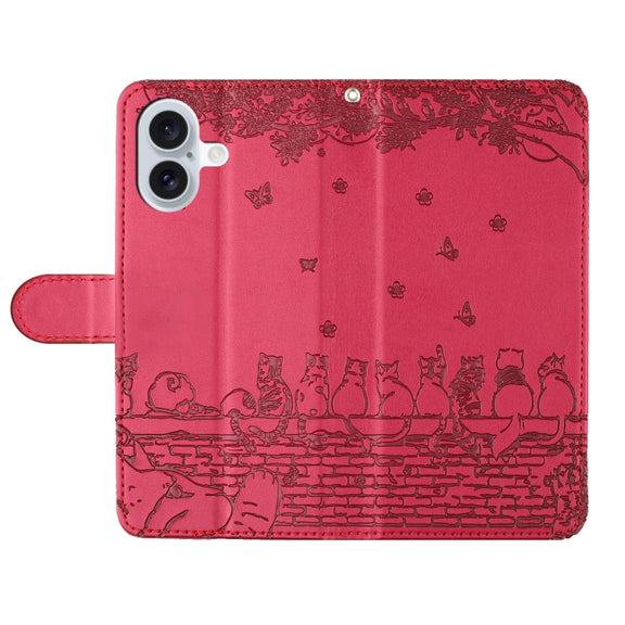 For iPhone 16 Cat Embossing Pattern Leather Phone Case with Lanyard(Red)