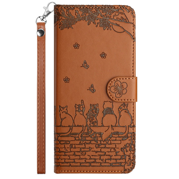 For iPhone 16 Cat Embossing Pattern Leather Phone Case with Lanyard(Brown)