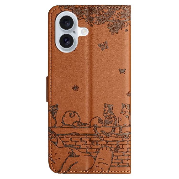 For iPhone 16 Cat Embossing Pattern Leather Phone Case with Lanyard(Brown)