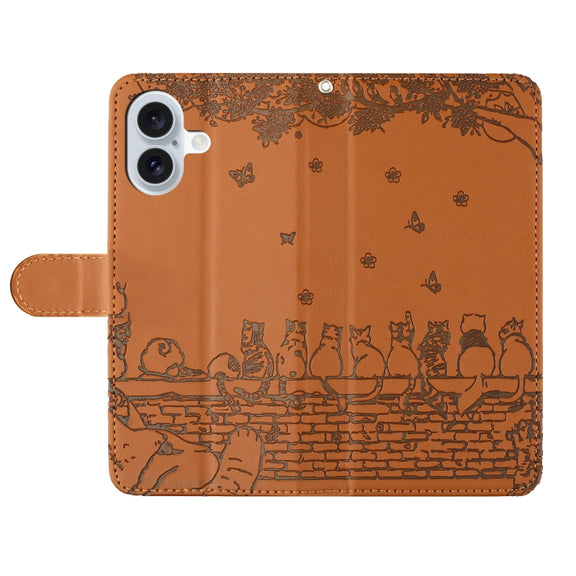 For iPhone 16 Cat Embossing Pattern Leather Phone Case with Lanyard(Brown)