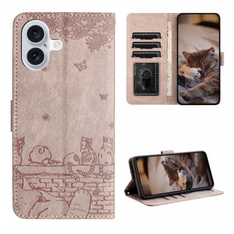 For iPhone 16 Cat Embossing Pattern Leather Phone Case with Lanyard(Grey)
