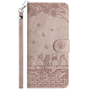 For iPhone 16 Cat Embossing Pattern Leather Phone Case with Lanyard(Grey)