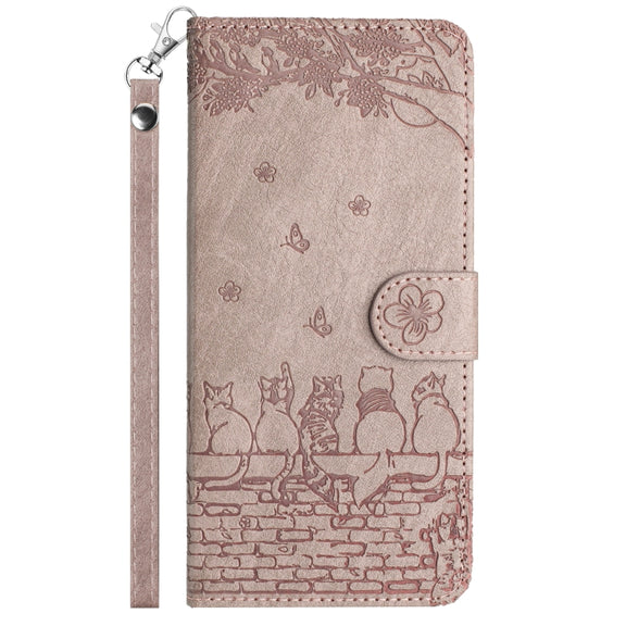 For iPhone 16 Cat Embossing Pattern Leather Phone Case with Lanyard(Grey)
