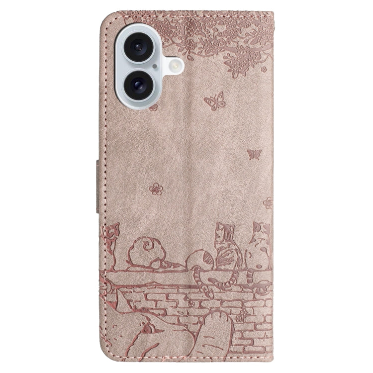 For iPhone 16 Cat Embossing Pattern Leather Phone Case with Lanyard(Grey)