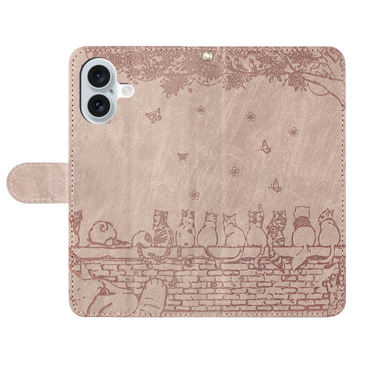 For iPhone 16 Cat Embossing Pattern Leather Phone Case with Lanyard(Grey)
