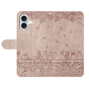 For iPhone 16 Cat Embossing Pattern Leather Phone Case with Lanyard(Grey)