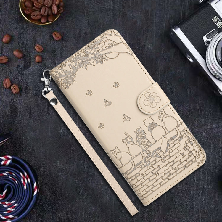 For iPhone 16 Cat Embossing Pattern Leather Phone Case with Lanyard(Beige)