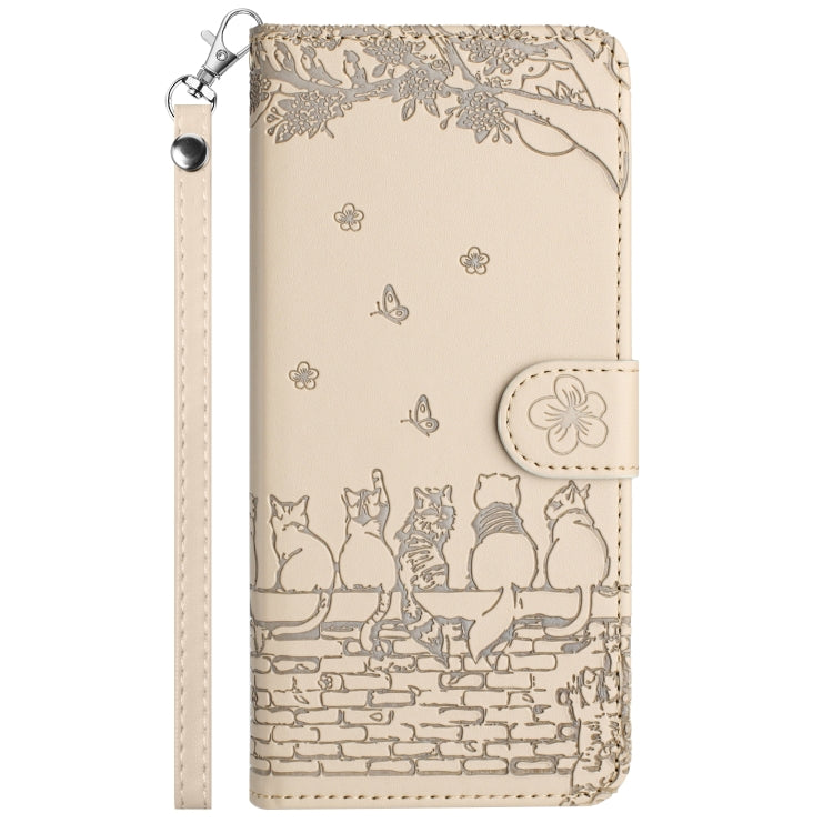 For iPhone 16 Cat Embossing Pattern Leather Phone Case with Lanyard(Beige)