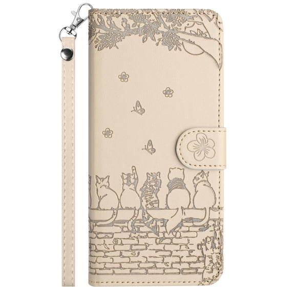 For iPhone 16 Cat Embossing Pattern Leather Phone Case with Lanyard(Beige)