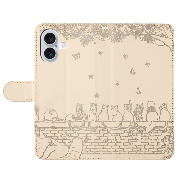 For iPhone 16 Cat Embossing Pattern Leather Phone Case with Lanyard(Beige)