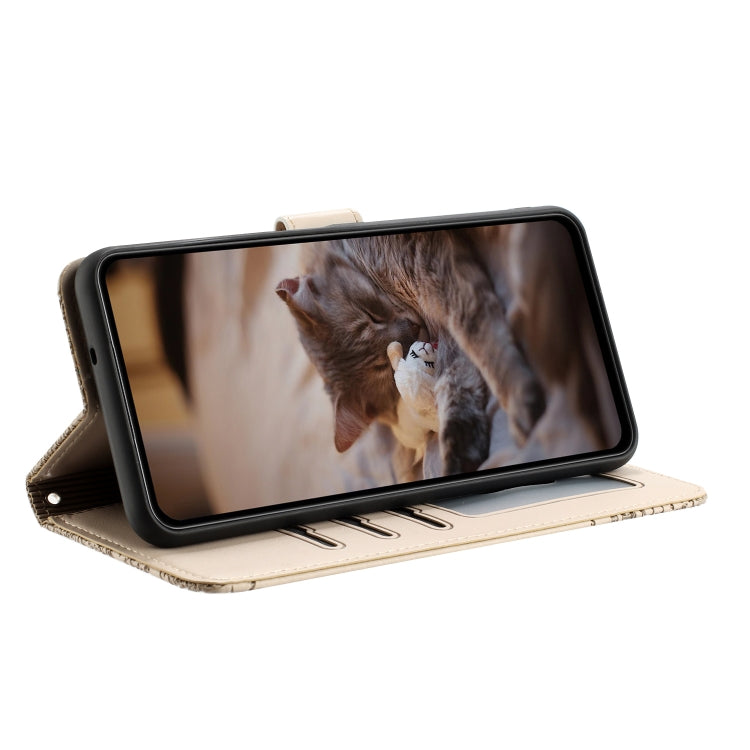 For iPhone 16 Cat Embossing Pattern Leather Phone Case with Lanyard(Beige)