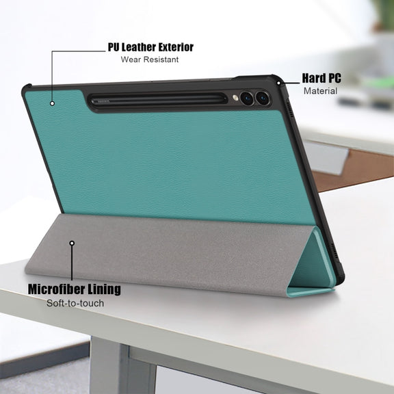 For Samsung Galaxy Tab S9+ Custer Pure Color 3-Fold Holder Smart Leather Tablet Case(Dark Green)