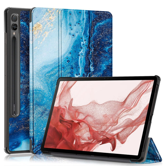 For Samsung Galaxy Tab S9+ Custer Painted 3-Fold Holder Smart Leather Tablet Case(Waves)