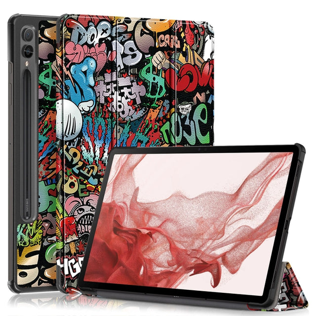 For Samsung Galaxy Tab S9+ Custer Painted 3-Fold Holder Smart Leather Tablet Case(Graffiti)