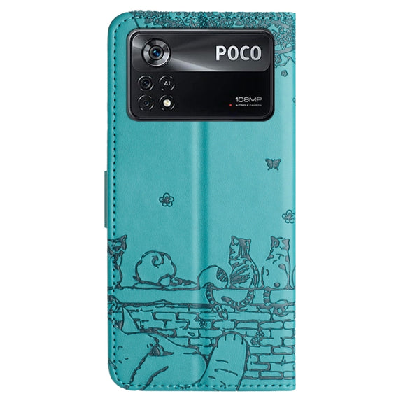 For Xiaomi Poco X4 Pro 5G Cat Embossing Pattern Leather Phone Case with Lanyard(Blue)