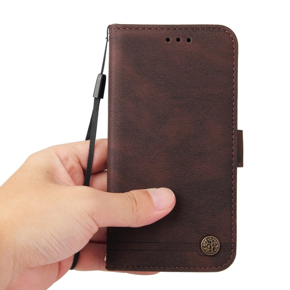 For iPhone 16e Skin Feel Life Tree Leather Phone Case(Brown)