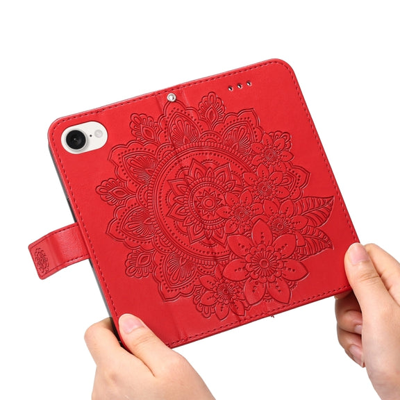 For iPhone 16e Seven-petal Flowers Embossing Leather Phone Case(Red)