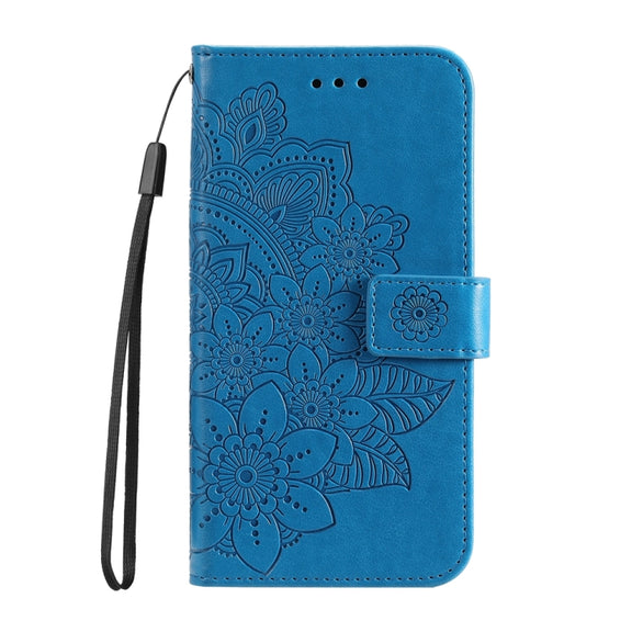 For iPhone 16e Seven-petal Flowers Embossing Leather Phone Case(Blue)
