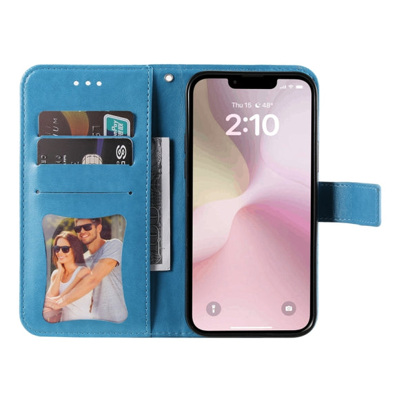 For iPhone 16e Seven-petal Flowers Embossing Leather Phone Case(Blue)