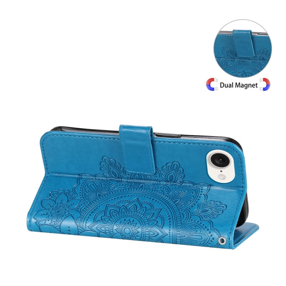 For iPhone 16e Seven-petal Flowers Embossing Leather Phone Case(Blue)