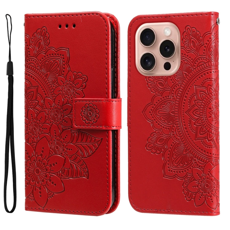 For iPhone 16 Pro 7-petal Flowers Embossing Leather Phone Case(Red)