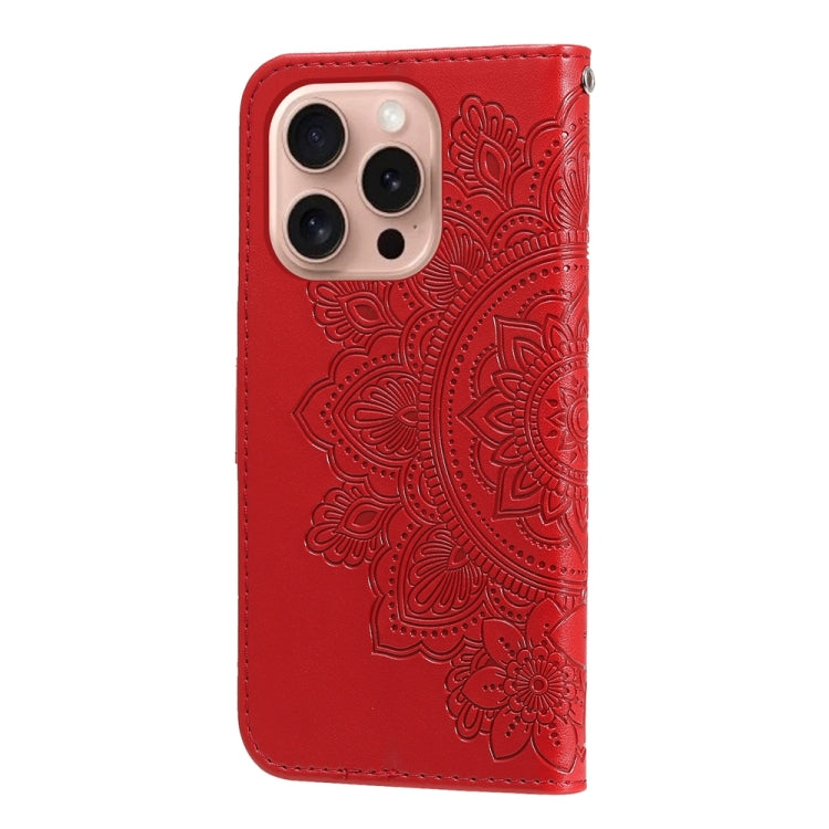 For iPhone 16 Pro 7-petal Flowers Embossing Leather Phone Case(Red)