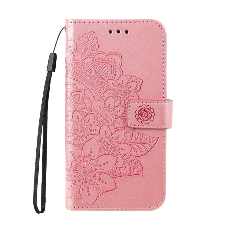 For iPhone 16 Plus 7-petal Flowers Embossing Leather Phone Case(Rose Gold)