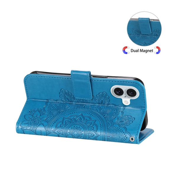 For iPhone 16 Plus Seven-petal Flowers Embossing Leather Phone Case(Blue)