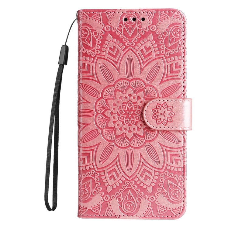 For iPhone 16e Embossed Sunflower Leather Phone Case(Pink)